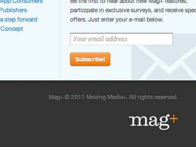 Mag+ Footer black blue css button footer form magplus newsletter orange signup