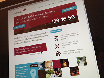 ...aaand we're live! blue brown burgundy conference helveticons palatino proxima nova rails red ruby sweden
