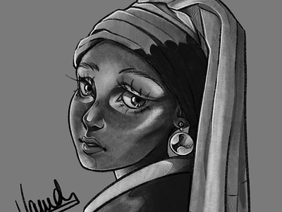 Pearl art blackandwhite digital art illustration portrait procreate stylized