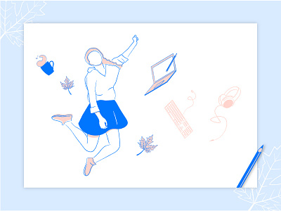 Happy at work blue character drawing girl illustration illustrator leaf lines person pink vector white woman work