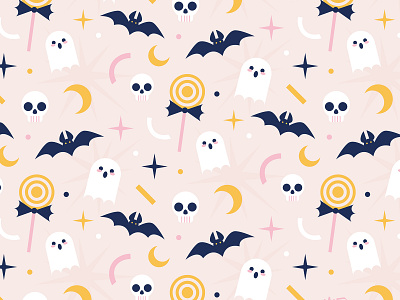 Happy Halloween adobe illustrator bat candy digital art ghost halloween illustration moon motif navy pattern pattern design pink vector vector art yellow