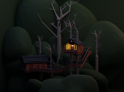 treehouse 3d art blender blender3d blender3dart cartoon illustration dark design house illustration treehouse