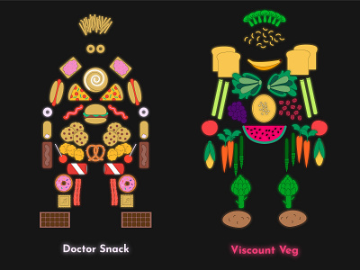 Doctor Snack and Viscount Veg design donuts illustration illustrator junk food people pizza poster vegetables