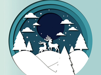 REINDEER in CHRISTMAS night . adobe adobe illustrator christmas design illustration papercut papercuteffect reindeer