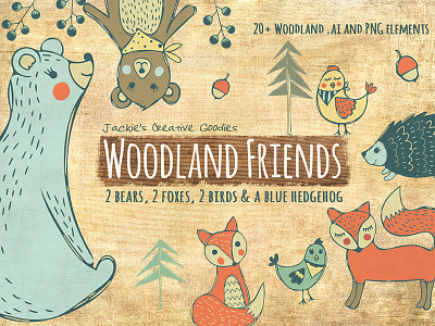 Woodland Friends Doodle Collection bear bears birds forest fox vector doodles woodland