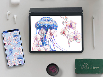 Desktop wallpapers jellyfish and orchid adobe branding competition flowers fresco graphic design illustration ipad picture seamless sketch spring карандаш медуза обои для рабочего стола оржидея рисунок узор