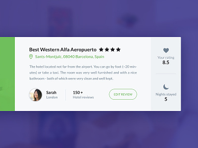 Hotel review card clean hotel card interface minimal rating result reviews travel ui user web design