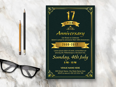 Anniversary Invitation anniversary anniversary party annual company corporate flyer gold black invitation photoshop template wedding wedding anniversary