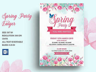 Spring Party Invitation Flyer editable flyer flyer template invitation flyer ms word party flyer photoshop template poster printable flyer psd flyer spring festival spring party spring poster watercolor flower