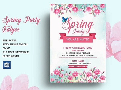 Spring Party Invitation Flyer editable flyer flyer template invitation flyer ms word party flyer photoshop template poster printable flyer psd flyer spring festival spring party spring poster watercolor flower