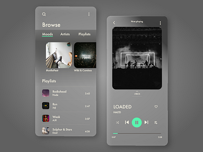 Music app - Glassmorphic UI adobe xd app design black dailyui figma green grey music app music design sketch spotify third color ui ux