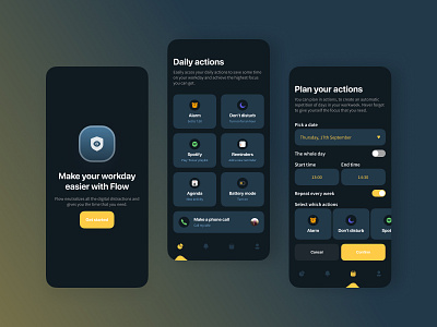 Let your focus flow. actions agenda alarm app battery mode buttons calender dark mode date picker design dont disturb mobile reminders spotify toggle ui ux