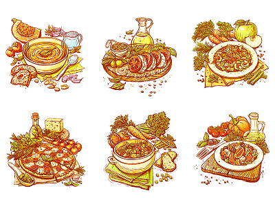 Some illustrations for recipes draw food illustration pizza recipe salad sketch soup