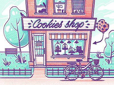 Cookies shop bird cafe cat city cookies draw house illustration raccoon shop sketch