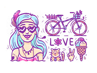 Summer peace love bicycle cat character draw hippie ice cream icon illustration infographic love sketch