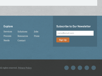 Footer 1st draft blue flat flat design footer grey newsletter orange signup texture the nerdery web design website