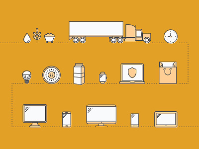 Internet of Things and Supply Chains flat icons interactive internet of things iot line icons mustard orange truck yellow