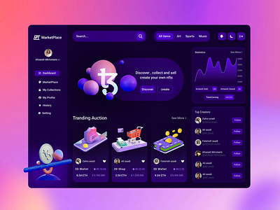 NFT Marketplace Dashboard 3d acechallenge art chart creative crypto dashboard design dotchallenge light design marketplace metaverse minimal design nft site uidesign uiux web web design