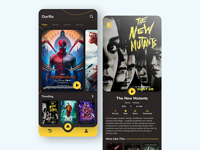 Movie Film App UI Design app app design dark ui film film app inspiration modern movie movie app ticket app ui design ui inspiration yellow