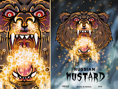 Russian bear animals bear hangry illustration label mustard