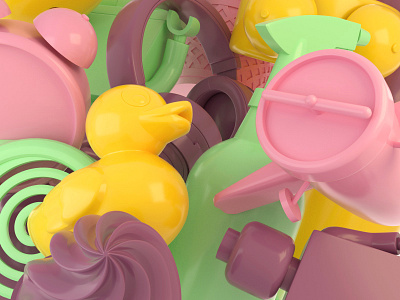 Inside a trunk 3d arnoldrender cinema4d clock colorful duck green headphones lego pink shapes yellow