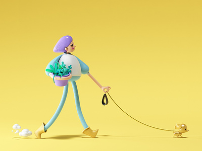 Walk 3d character character design design dog friends fun girl home illustration plants render walk yellow