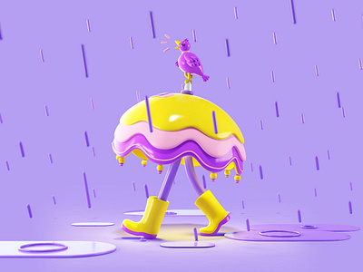 Rain 3d bird character character design day design friends fun girl illustration kids purple rain render umbrella