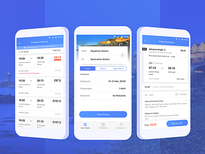 Train tickets app UI blue homepage info interface list pay ticket time ui ux