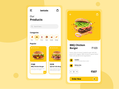 Bettzös : Fastfood App UI burger character color cravings design flat food food and drink food app food lust food ui icon minimal mobile mobile app navbar order now pizza ui