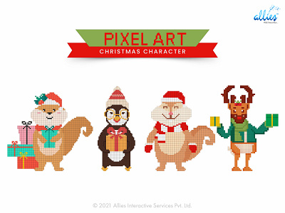 Pixel Art Christmas Characters 25th december celebration character christmas christmas tide comic event festival gift box holly berry merry christmas new year penguin pixel art reindeer santa cap season squirrel xmas yule