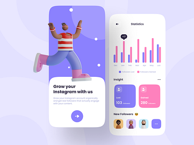 Instagram Analytics App 3d illustrations analytics analytics dashboard clean ui color illstrations instagram instagram analytics app layout minimalistic mobile app social media analytics stats unfollow app