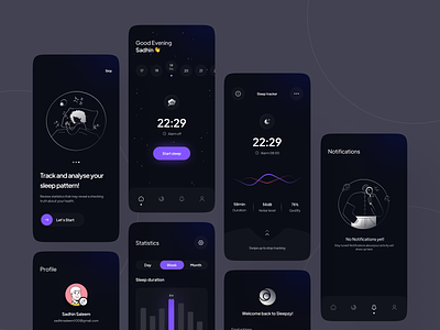 Sleepzy | Sleep tracker app activity tracker app alarm clock app design dark ui design empty page fitness tracker graphs health monitor app health tracker app heart rate mobile modern onboarding screens sleep analytics sleep app sleep assistant sleep duration statistics ui ux