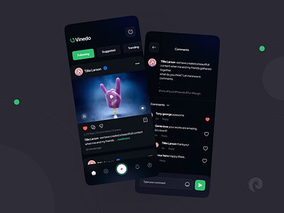 Vinedo | Social Media App app app design camera chat app comment app dark ui facebook figma file instagram minimal minimalist mobile mobile integration mobile social app social feed app social network app stories ui design ux design video app