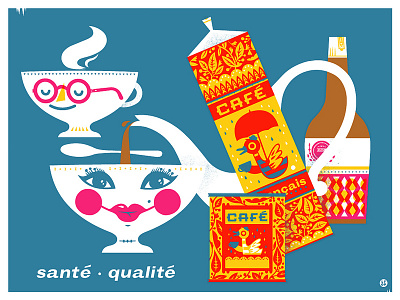 French Coffee characters design illustration little friends of printmaking poster screenprint silkscreen