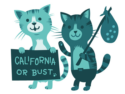 California or Bust blue california cats characters design illustration little friends of printmaking