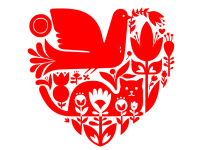 Valentine bird cat characters design heart illustration little friends of printmaking poster print silkscreen