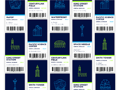 Seattle Landmark Tickets architecture blue buildings city entertainment green icon landmark monument seattle ticket tourism