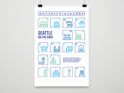 Seattle on the Grid Poster branding building city grid icon icon set icons illustration landmark monoline poster seattle