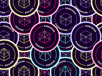Dubhacks Badge Stickers + Pins abstract badge branding geometric hackathon identity illustration monoline sticker student swag symbol