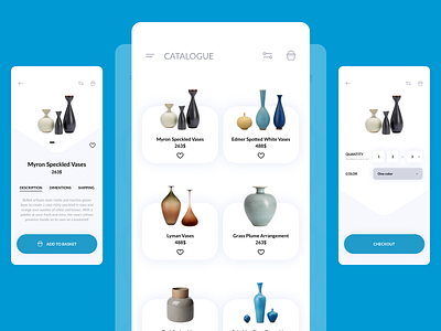 Home Decor App app application blue checkout clean crossselling decor design home house interface kitchen minimal mobile online payment store ui ux vases white