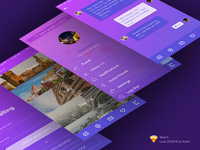 Travelling app app chat ios purple sidebar sketch travel ui ux