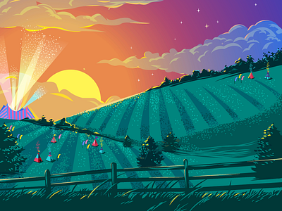 Illustrations for a mystery project camp clouds dusk fence fire green illustration land sparkles sunset twilight