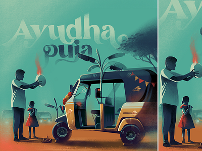 Ayudha puja autorickshaw ayudha puja celebration dasara everyday festive illustration india navratri procreate respect streets tools typography