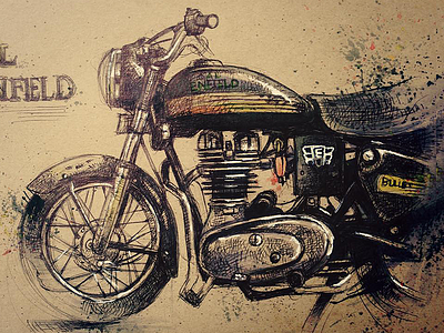 Royal Enfield - 1983 bullet cruiser enfield legendary motorcycle pen and ink royal sketch vintage