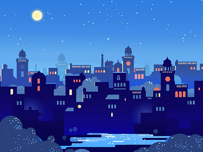 Starry Nights blue city cold fog heritage illustration india night old city starry night stars vector