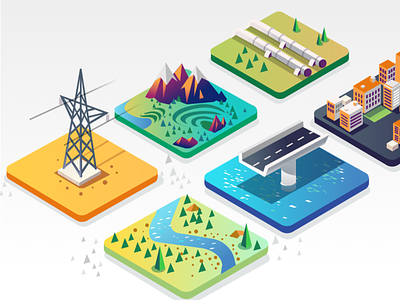 Explorations - Web project construction electricity infrastructure isometric planning resources security solutions water