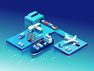 Inter-connected air cargo connected dramatic freight isometric rail road ship supply chain