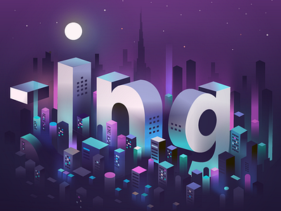 Explor-ing 3d buildings city desert illustration isometric light neon night typography vector