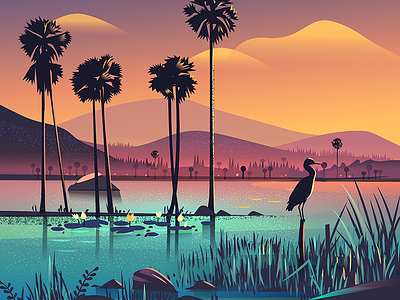 Road trip - Paddy fields and Lotus Pond colorful illustration india landscape lotus pond moody paddy fields palm road roadtrip sunset tamilnadu