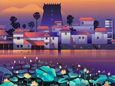Old town and the lotus pond illustration india landscape lotus pond old town road roadtrip south india sunset temple texture town